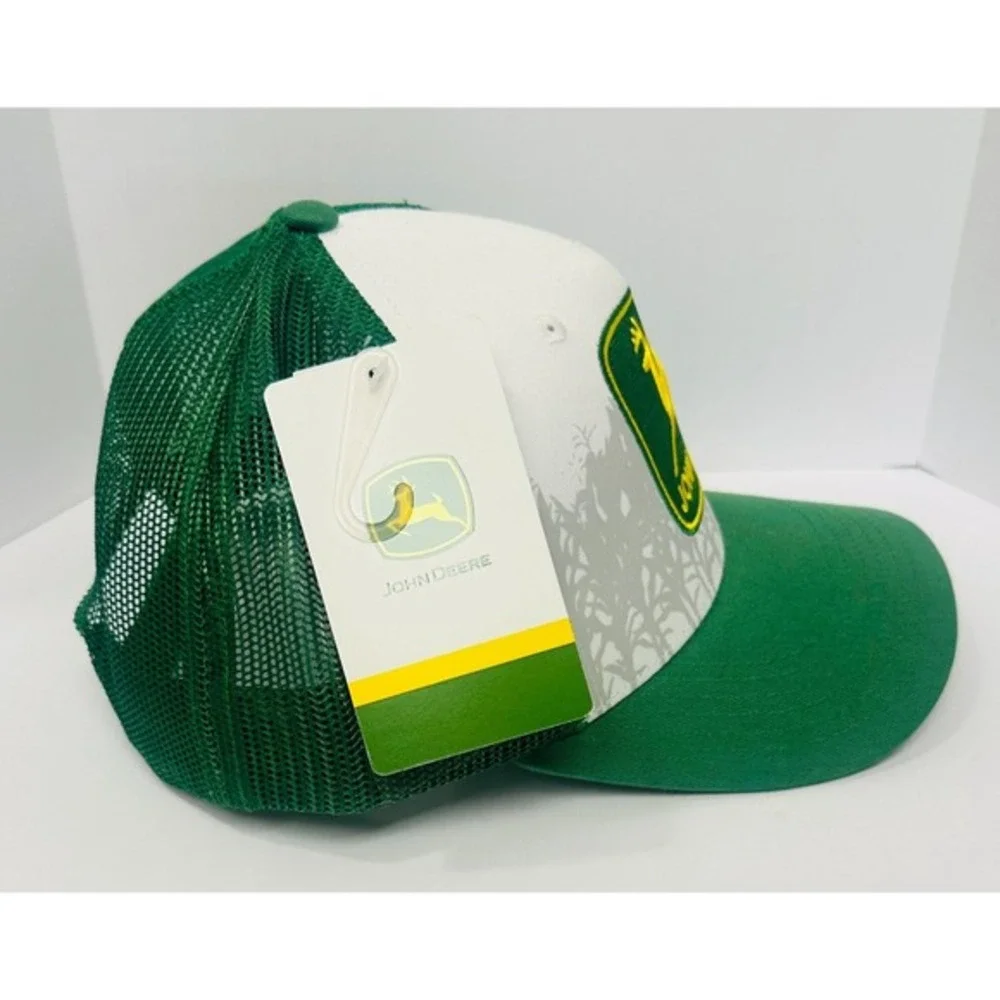 John Deere Embroidered Logo White & Green Trucker Snapback Mens Hat One Size NWT